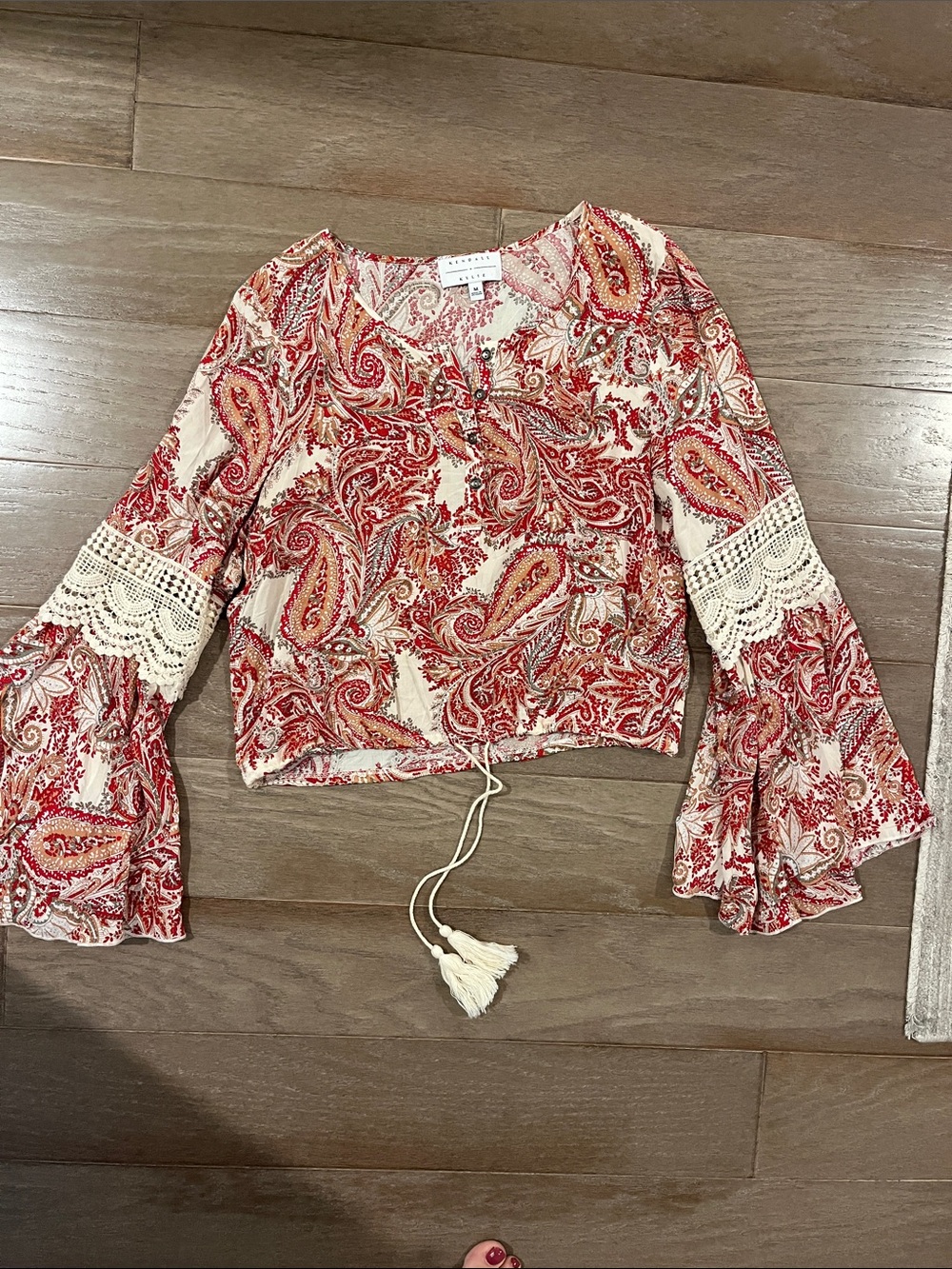 Kendall & Kylie Red Paisley Crochet-Trim Bell Sleeve Top